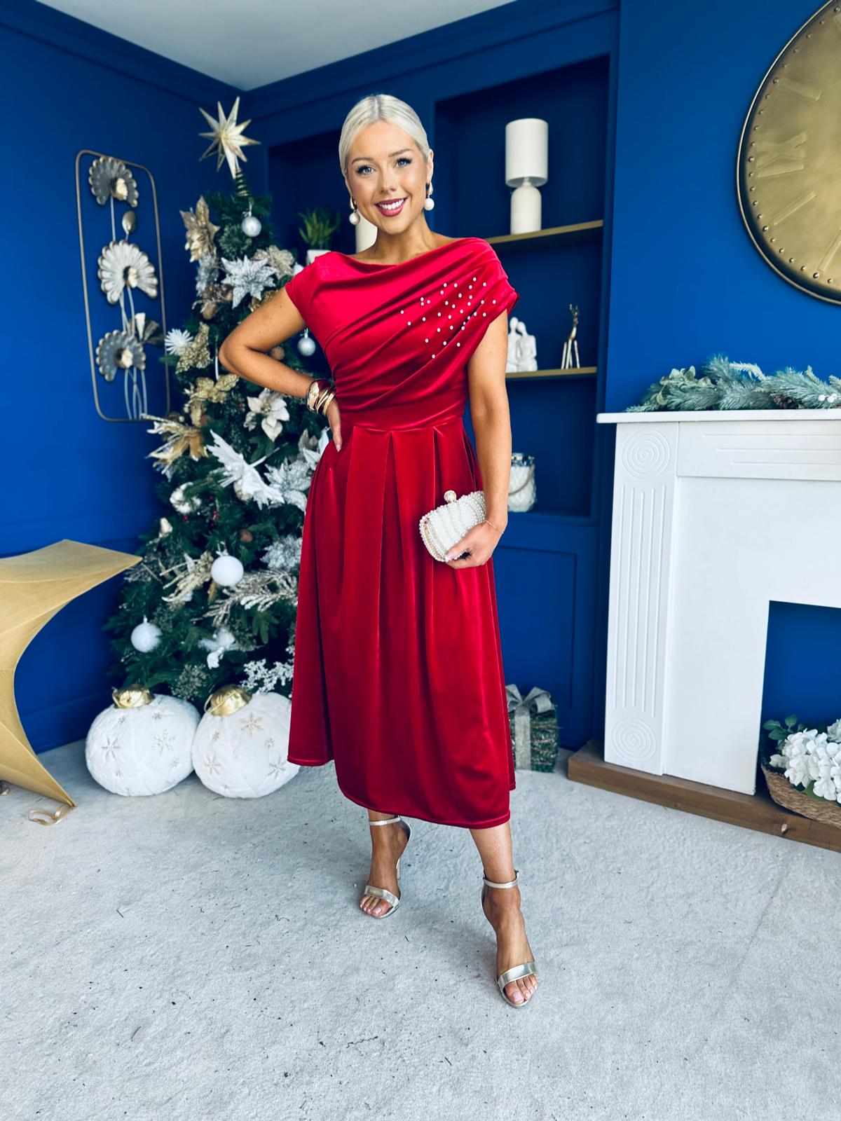 Harriet Pearl Detailed Velvet Midi Dress Red