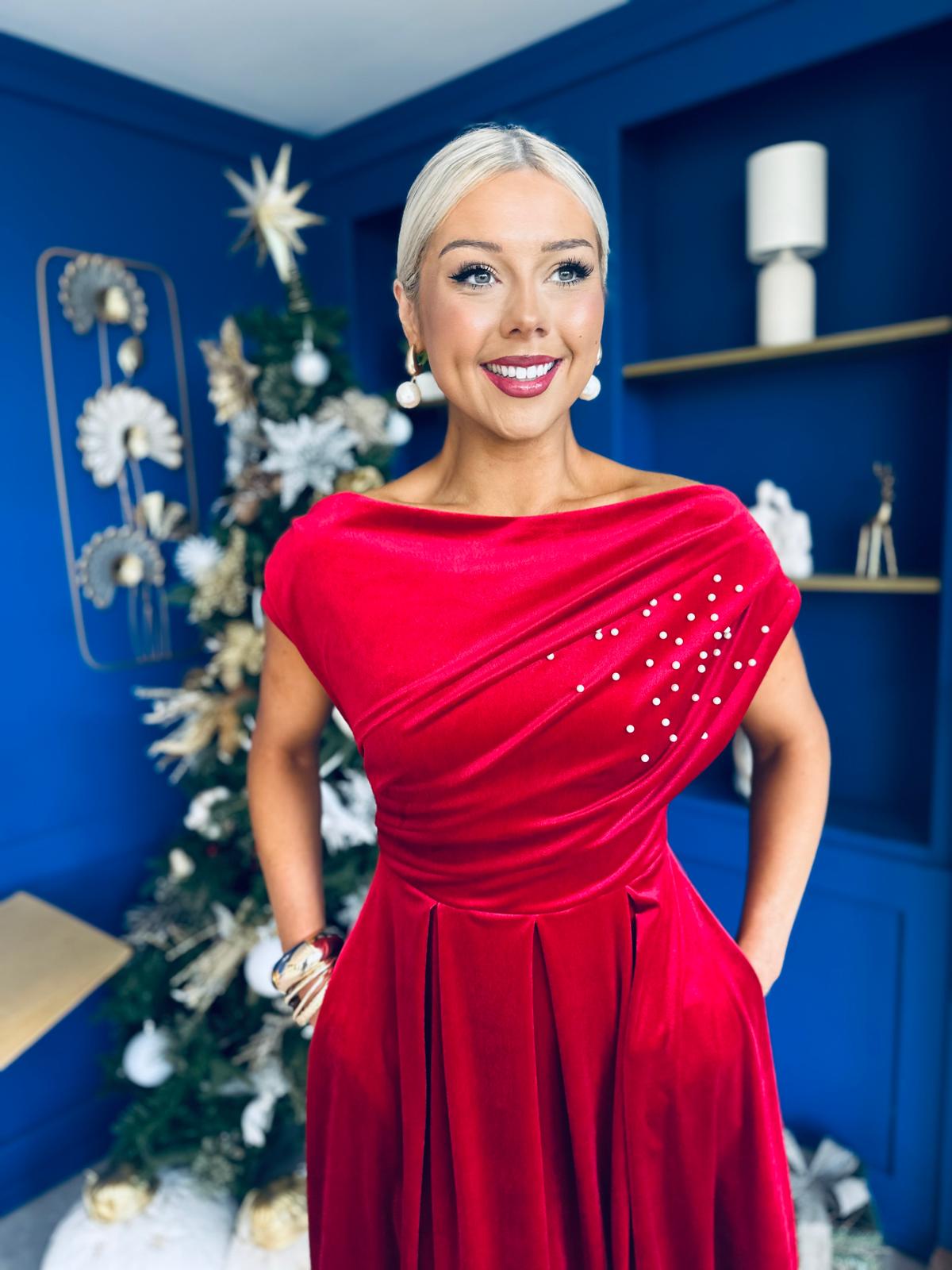 Harriet Pearl Detailed Velvet Midi Dress Red