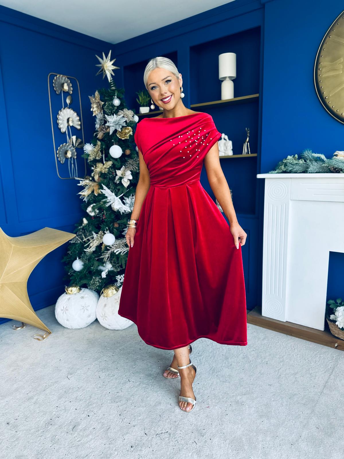 Harriet Pearl Detailed Velvet Midi Dress Red