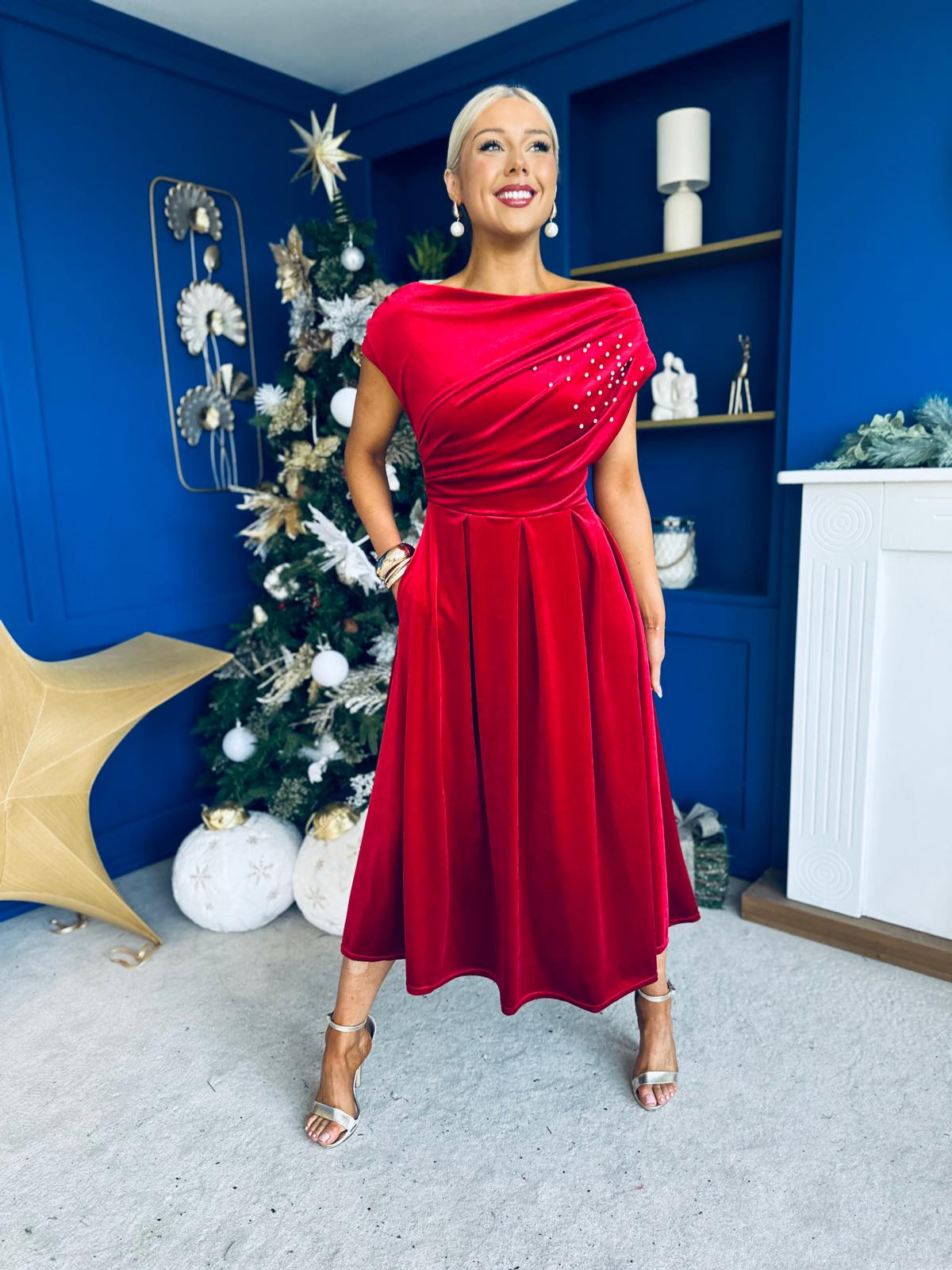 Harriet Pearl Detailed Velvet Midi Dress Red