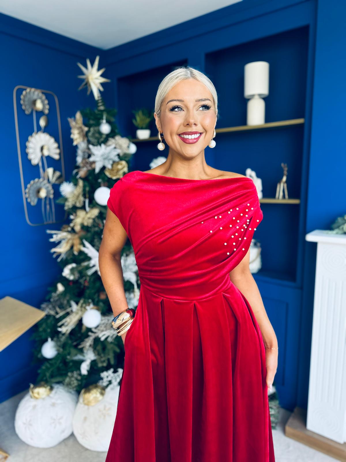 Harriet Pearl Detailed Velvet Midi Dress Red