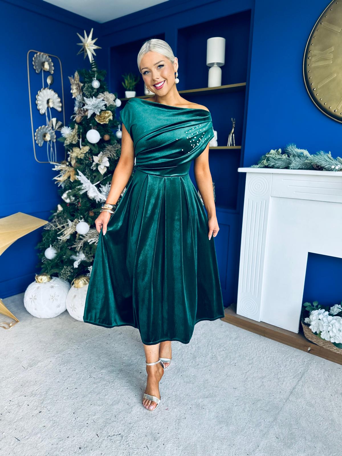 Harriet Pearl Detailed Velvet Midi Dress Forest