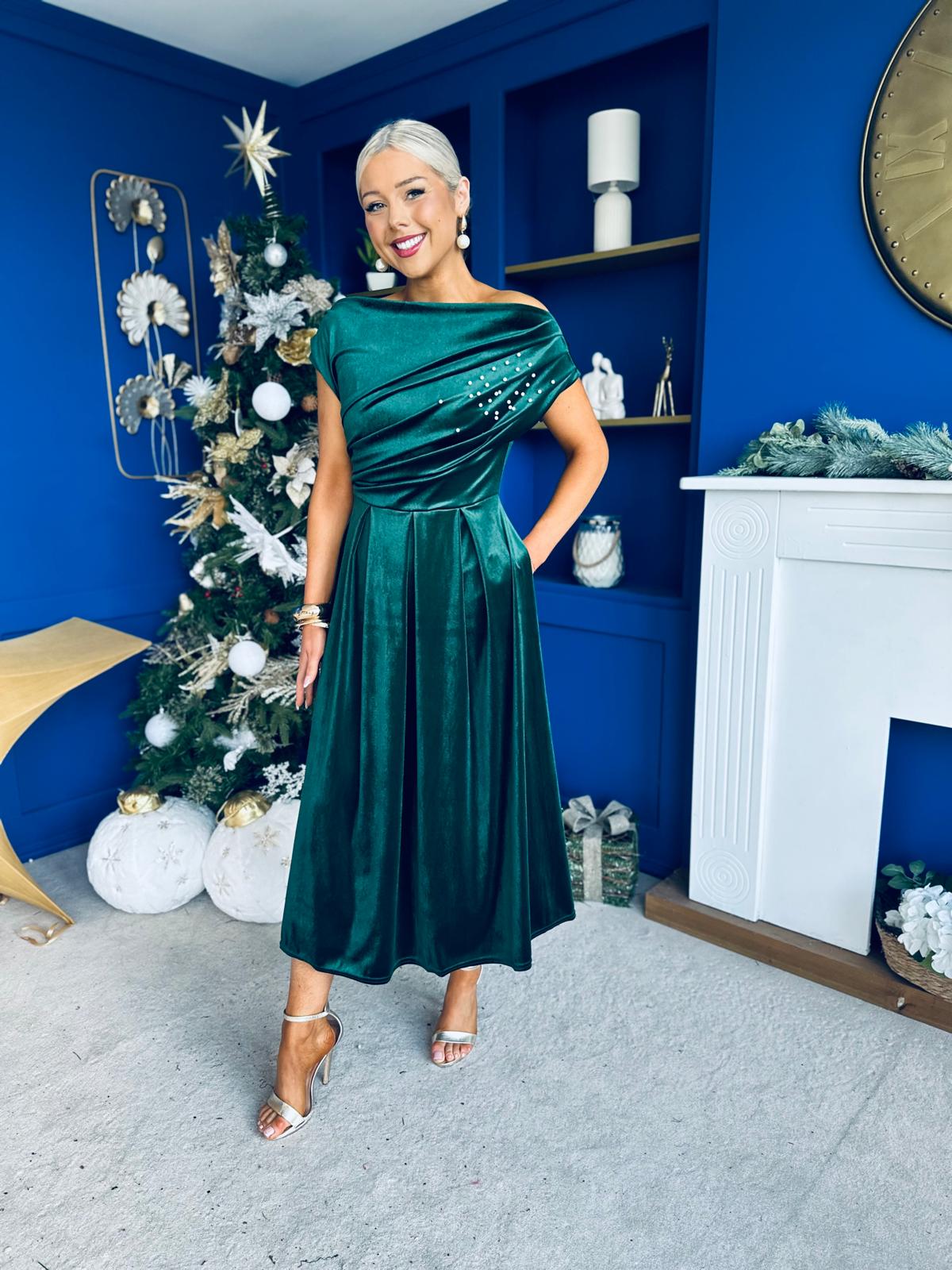 Harriet Pearl Detailed Velvet Midi Dress Forest