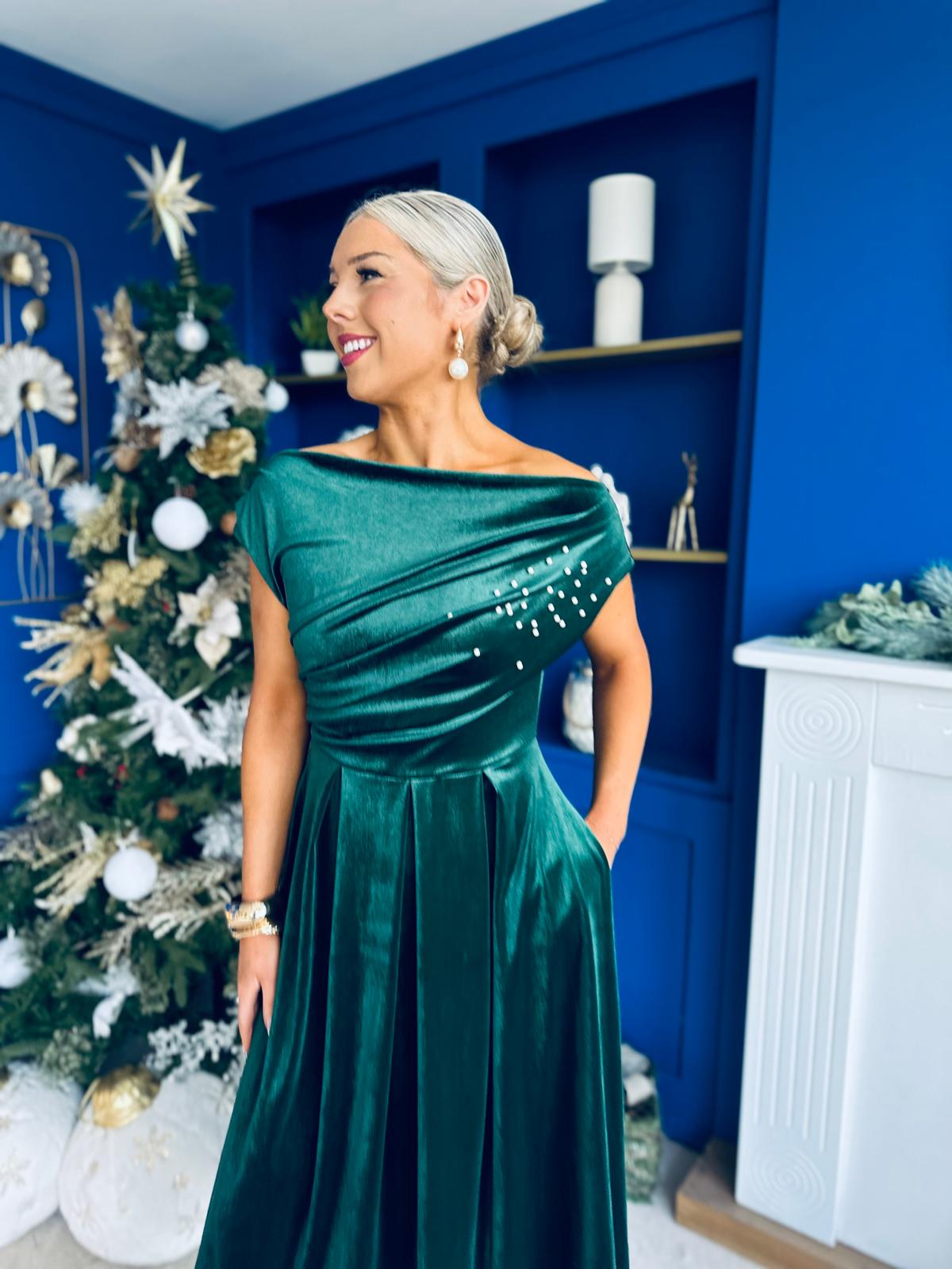 Harriet Pearl Detailed Velvet Midi Dress Forest