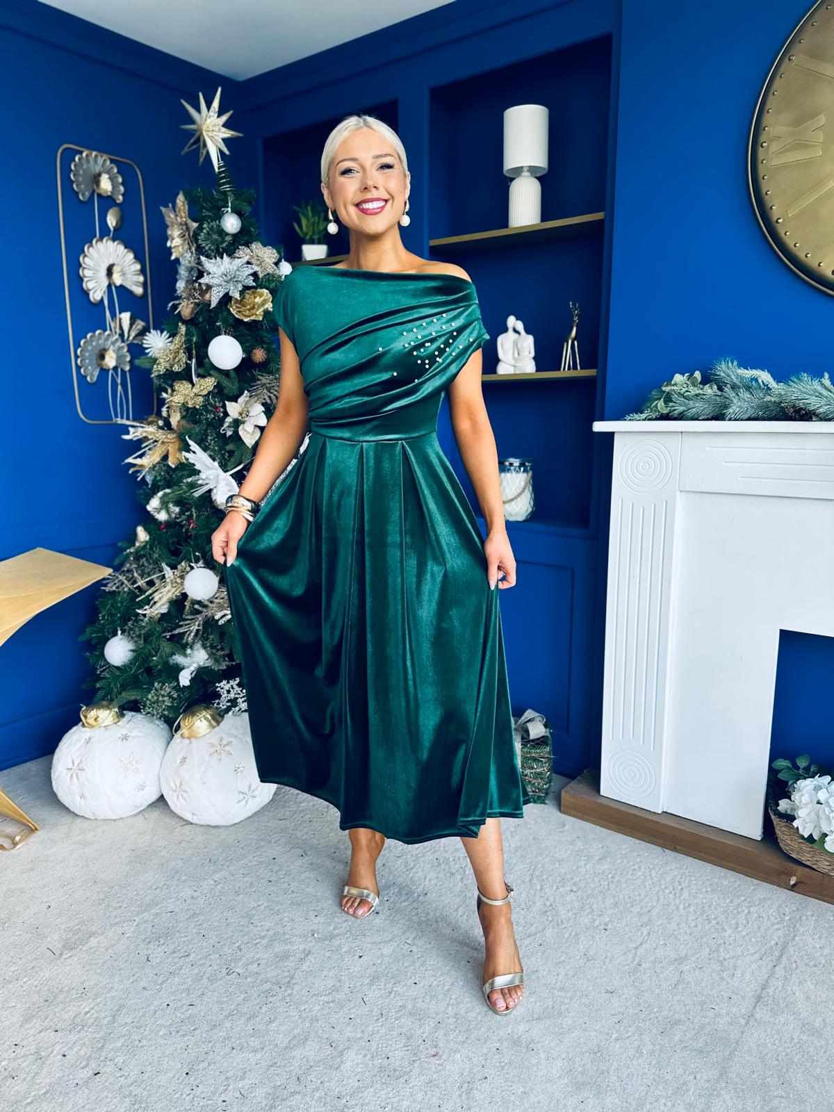 Harriet Pearl Detailed Velvet Midi Dress Forest