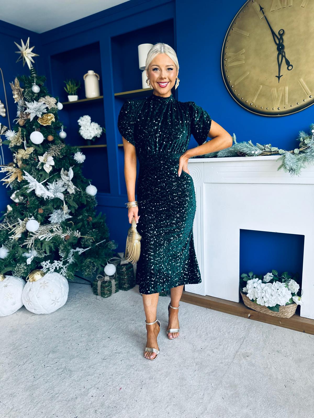 Morgan Sequin Occasion Midi Dress Forest