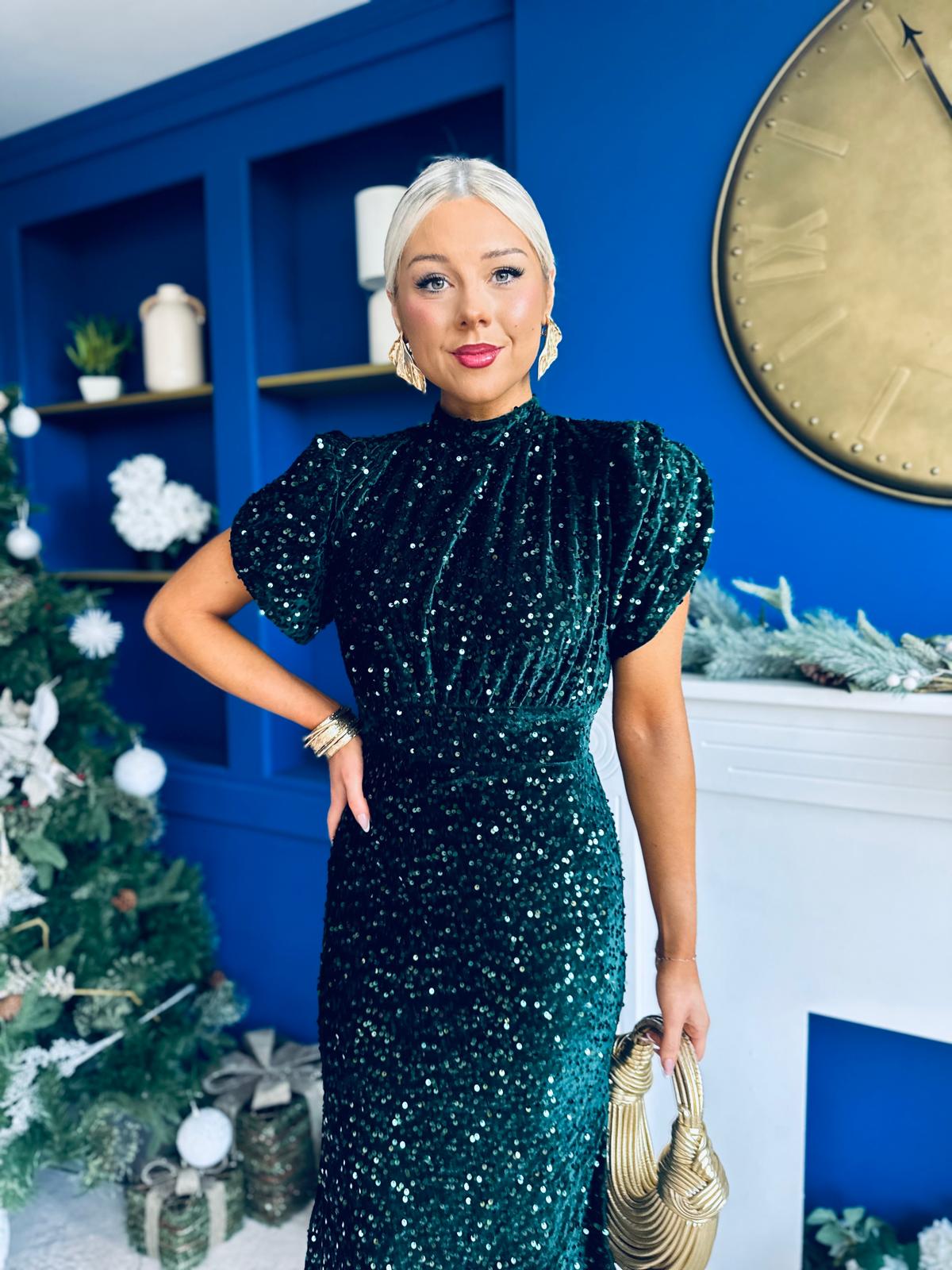 Morgan Sequin Occasion Midi Dress Forest