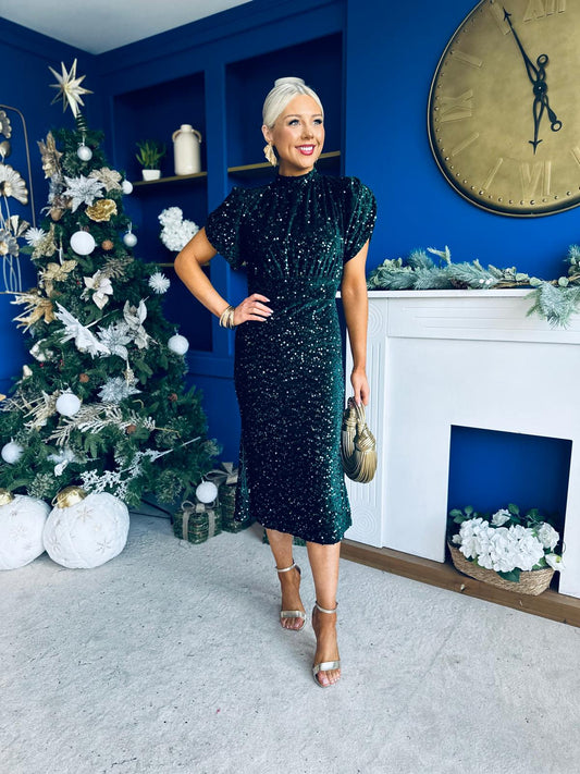 Morgan Sequin Occasion Midi Dress Forest