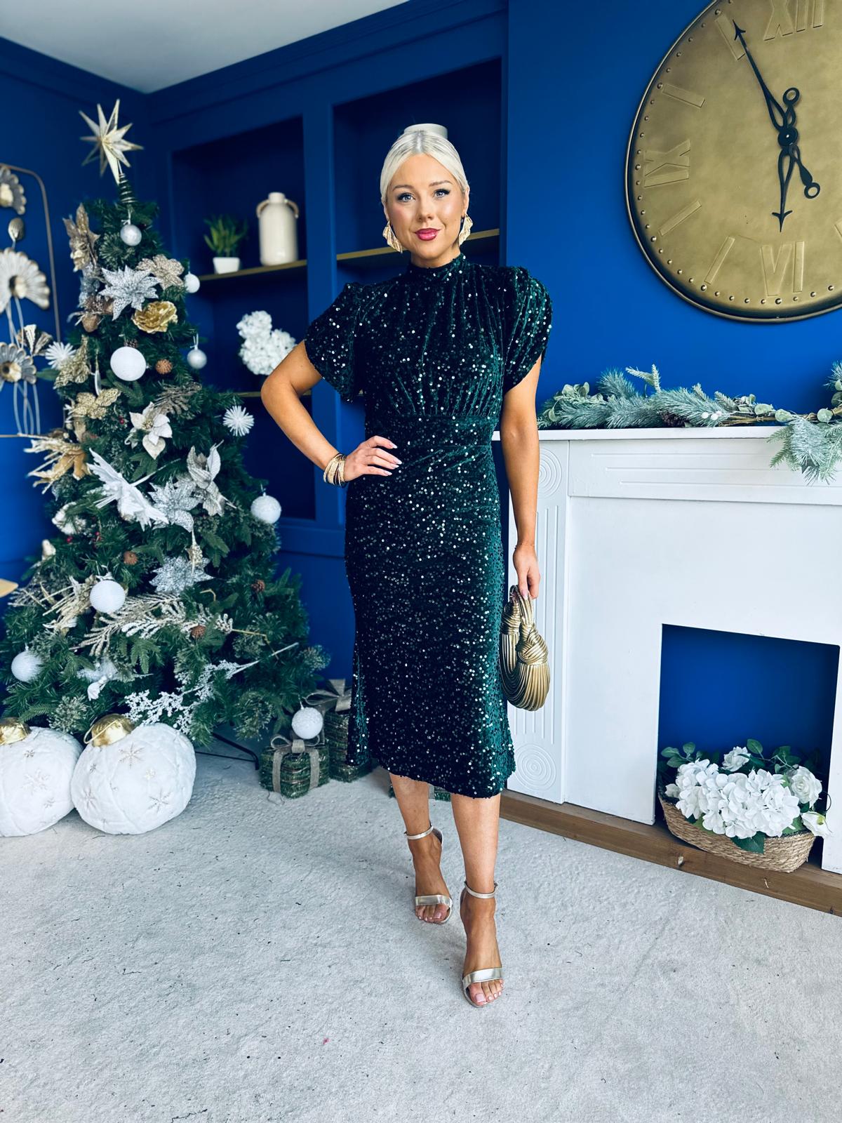 Morgan Sequin Occasion Midi Dress Forest