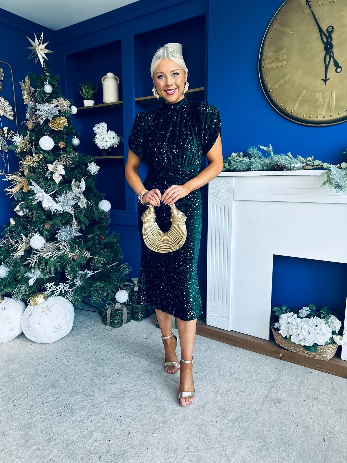 Morgan Sequin Occasion Midi Dress Forest