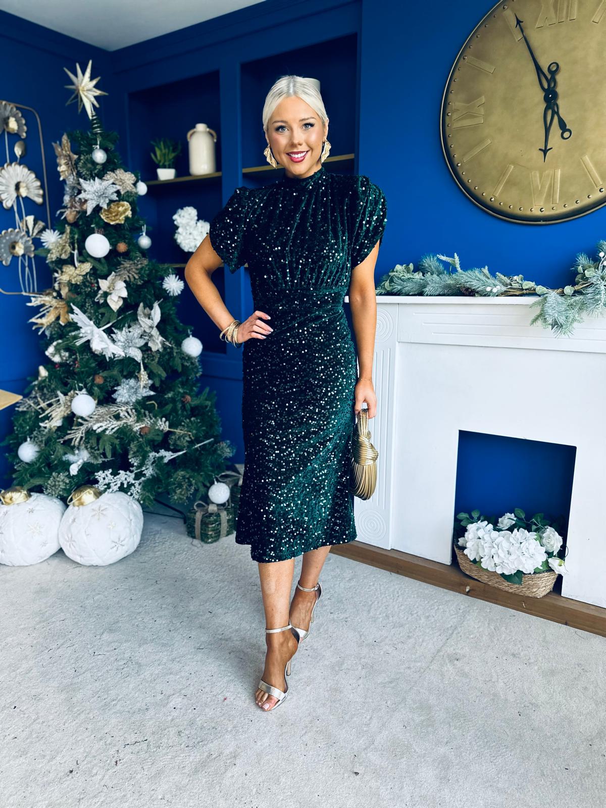 Morgan Sequin Occasion Midi Dress Forest