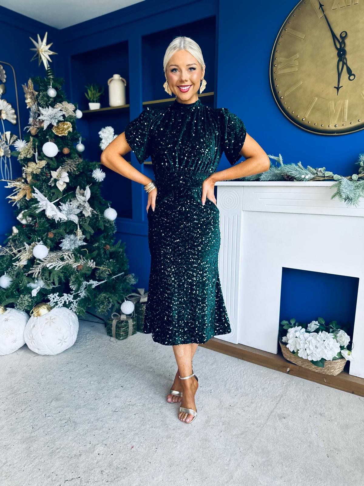 Morgan Sequin Occasion Midi Dress Forest