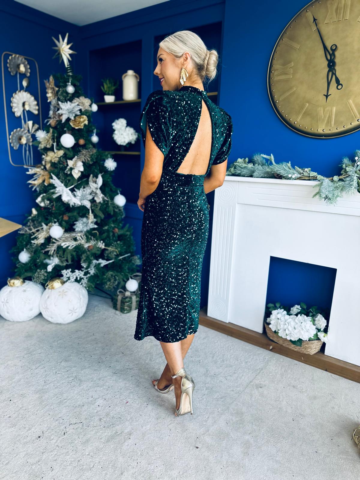 Morgan Sequin Occasion Midi Dress Forest