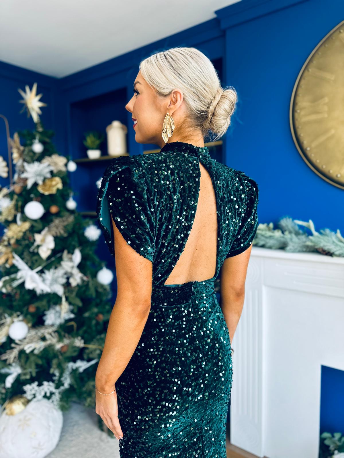 Morgan Sequin Occasion Midi Dress Forest