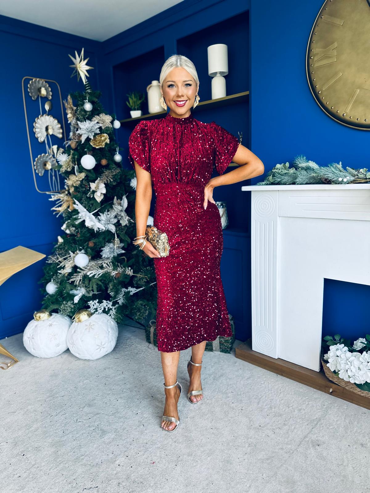 Morgan Sequin Occasion Midi Dress Wine