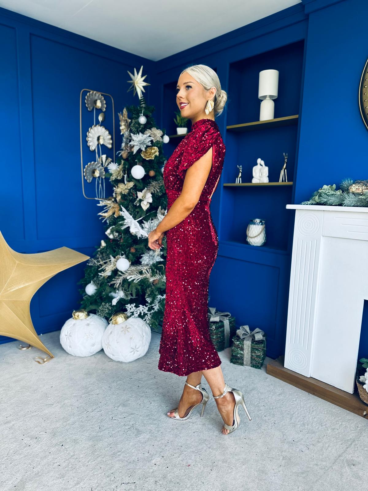 Morgan Sequin Occasion Midi Dress Wine