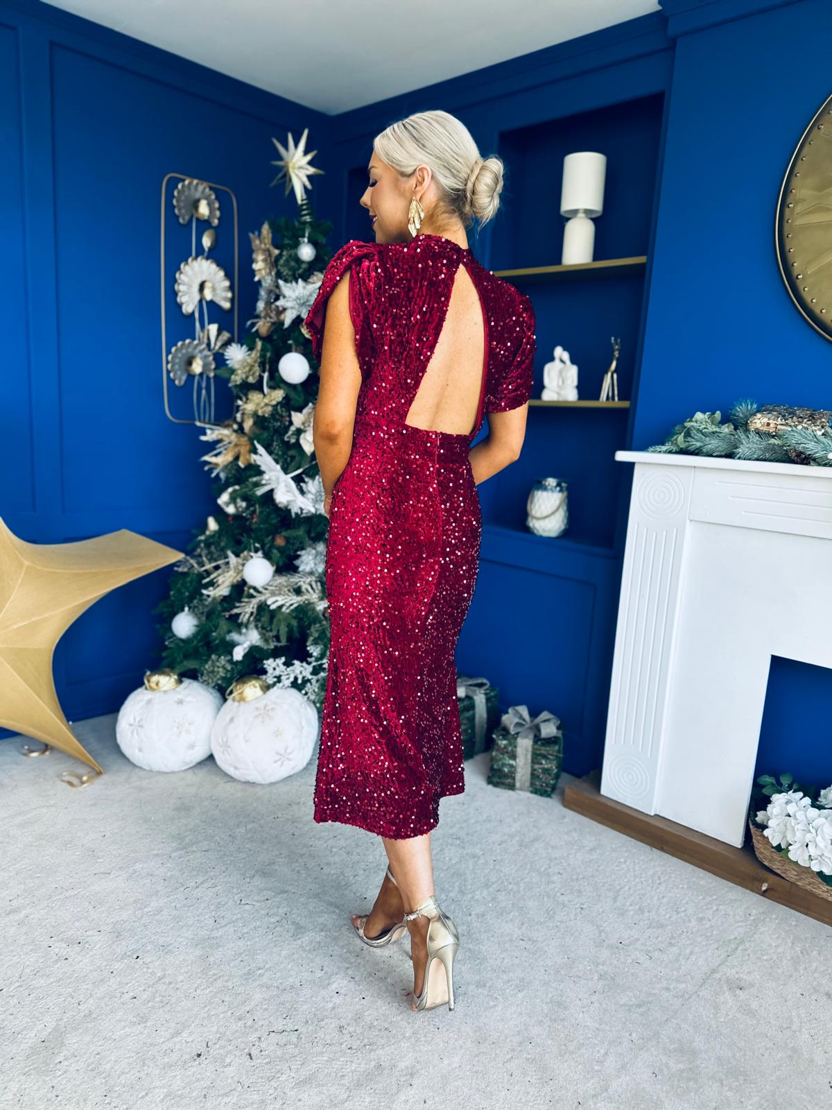 Morgan Sequin Occasion Midi Dress Wine