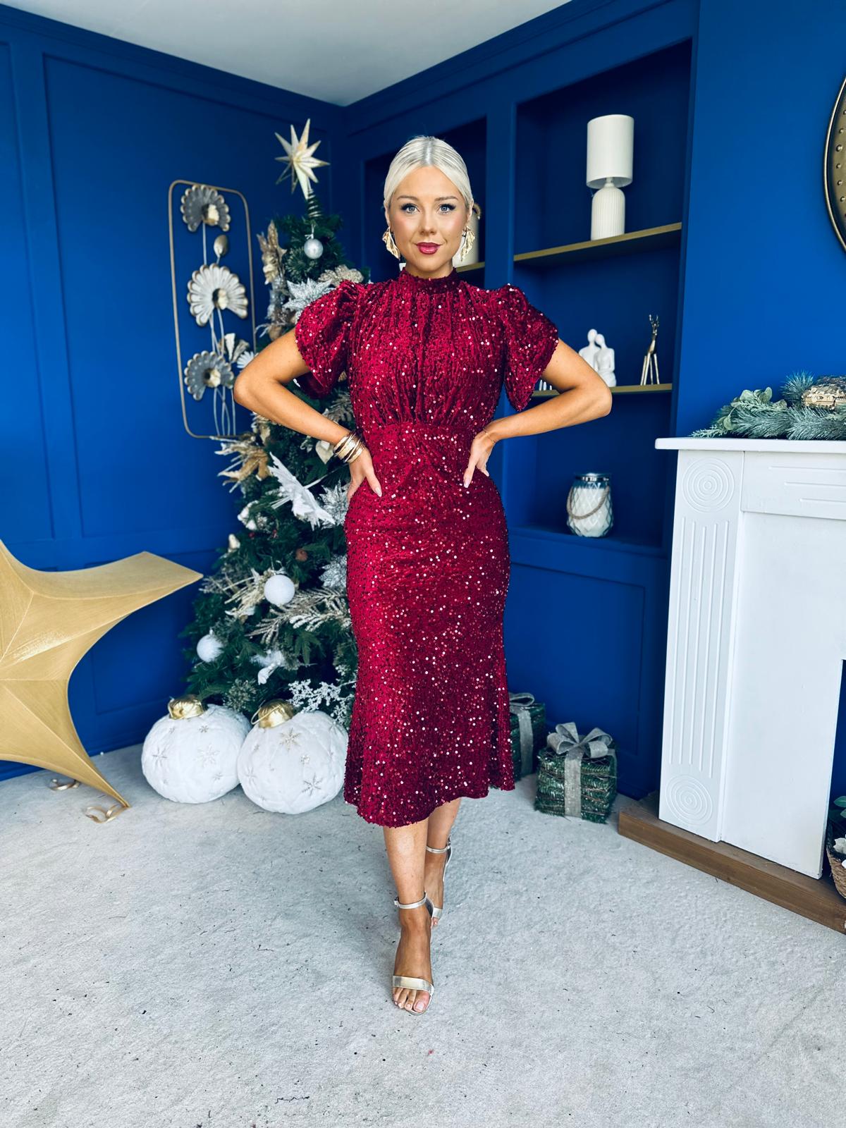 Morgan Sequin Occasion Midi Dress Wine