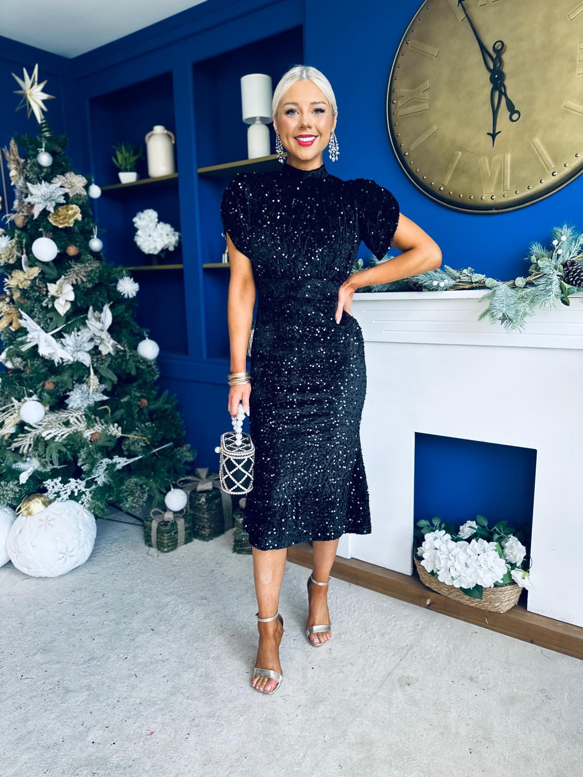 Morgan Sequin Occasion Midi Dress Black