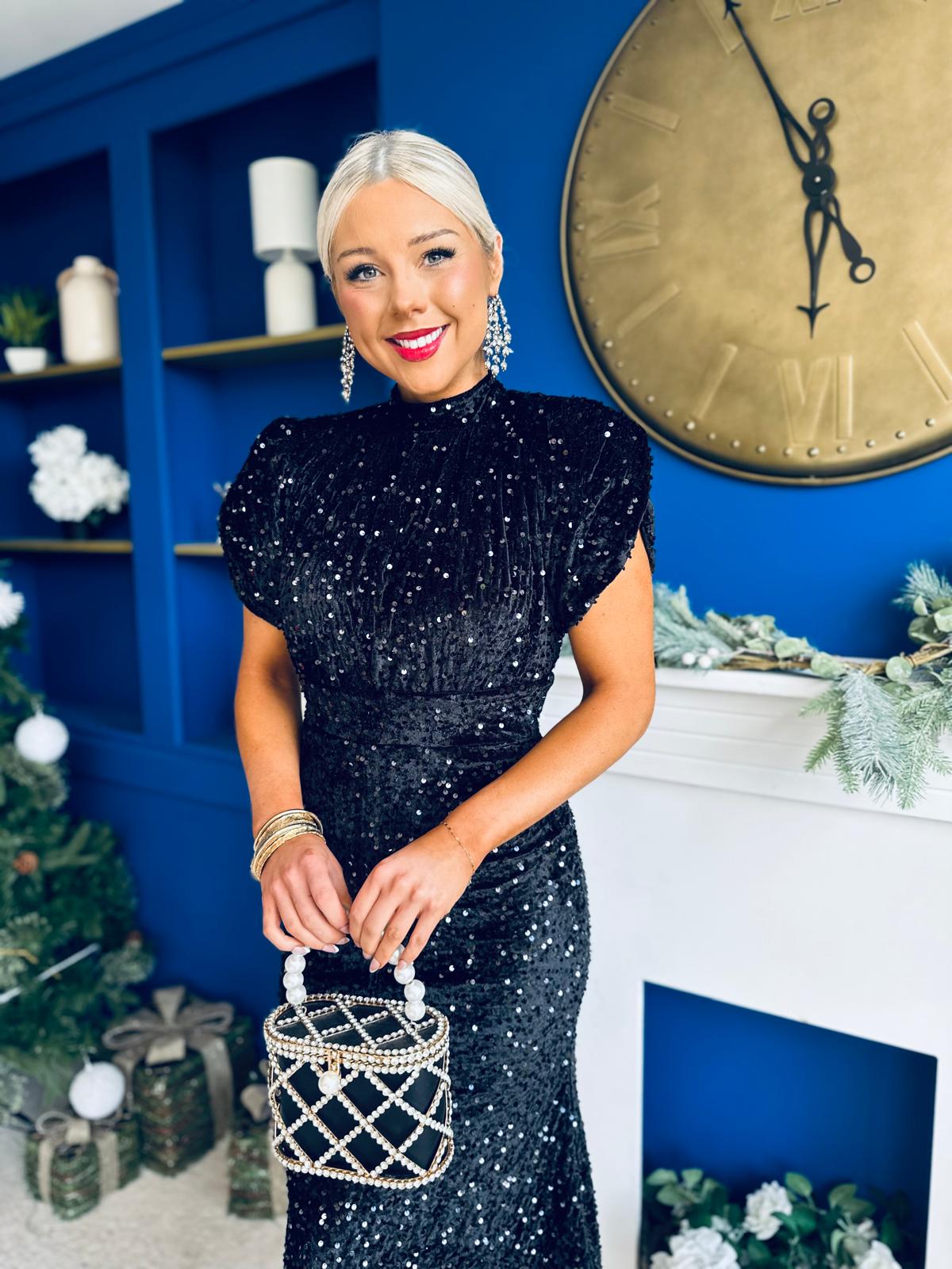 Morgan Sequin Occasion Midi Dress Black