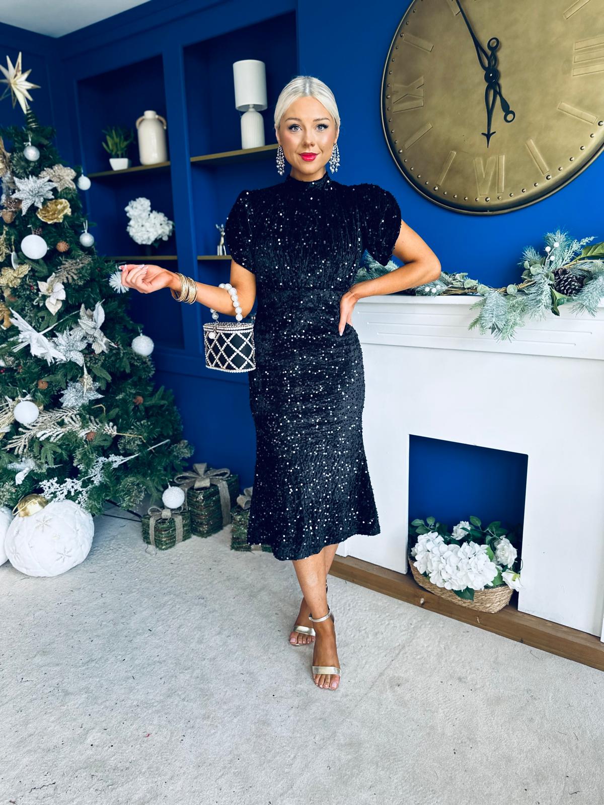 Morgan Sequin Occasion Midi Dress Black