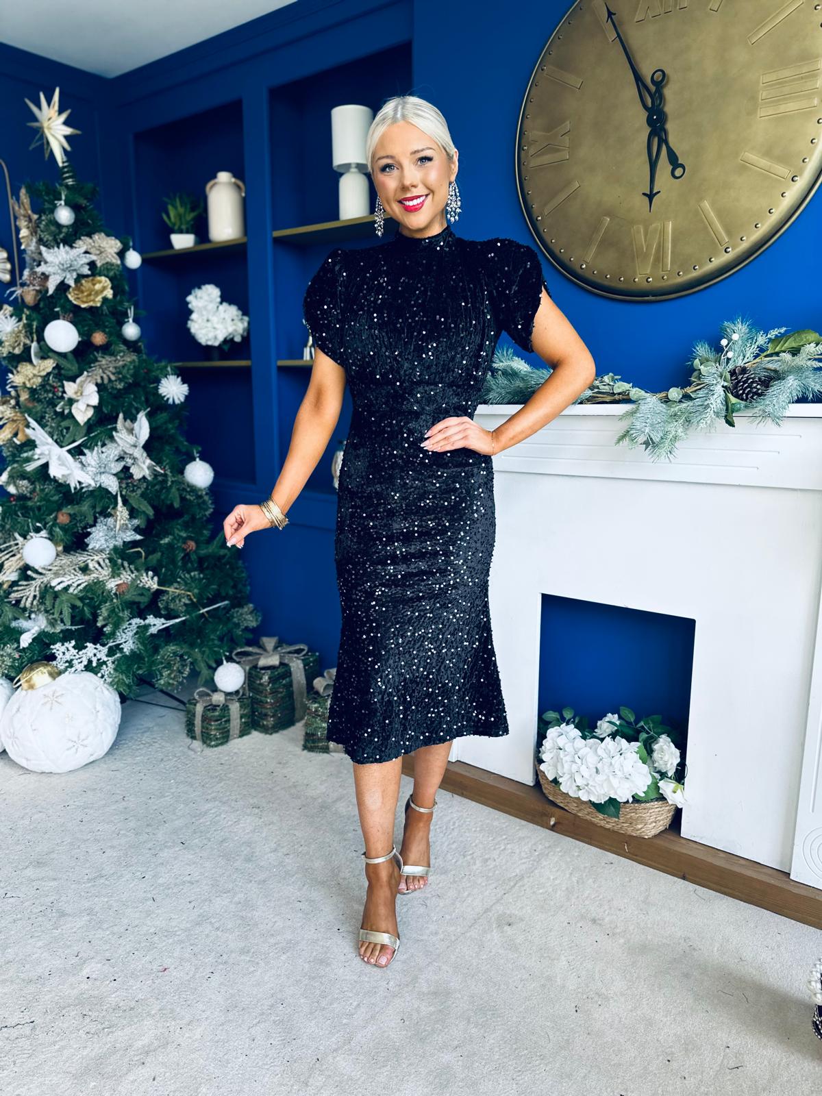 Morgan Sequin Occasion Midi Dress Black