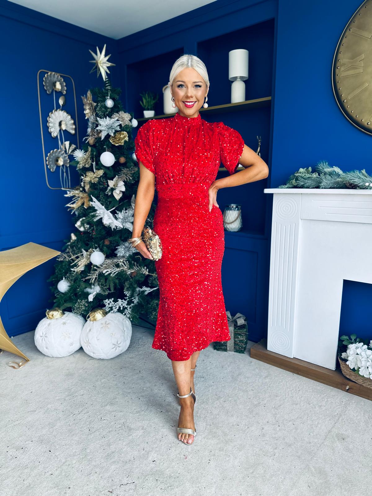 Morgan Sequin Occasion Midi Dress Red