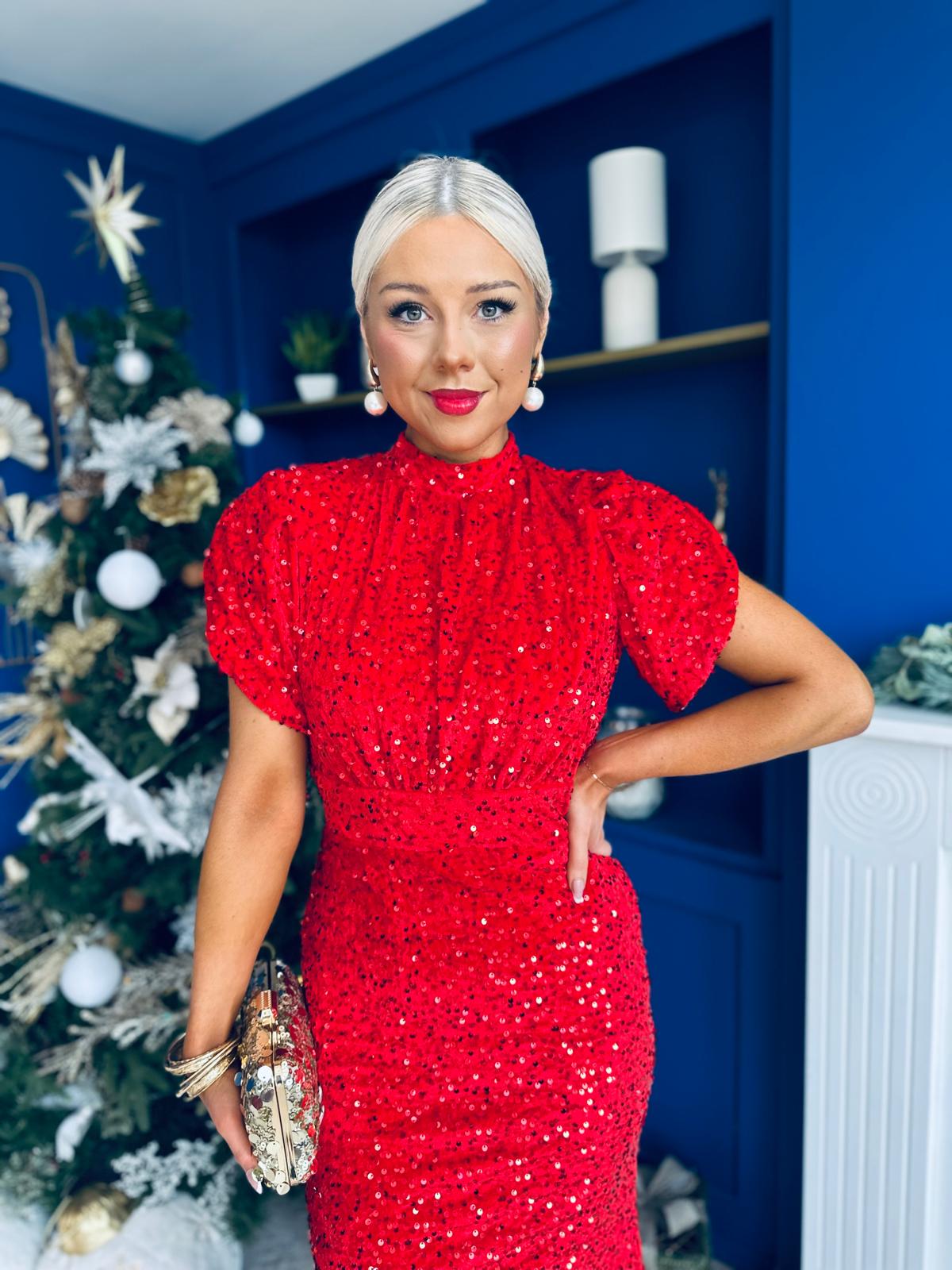 Morgan Sequin Occasion Midi Dress Red