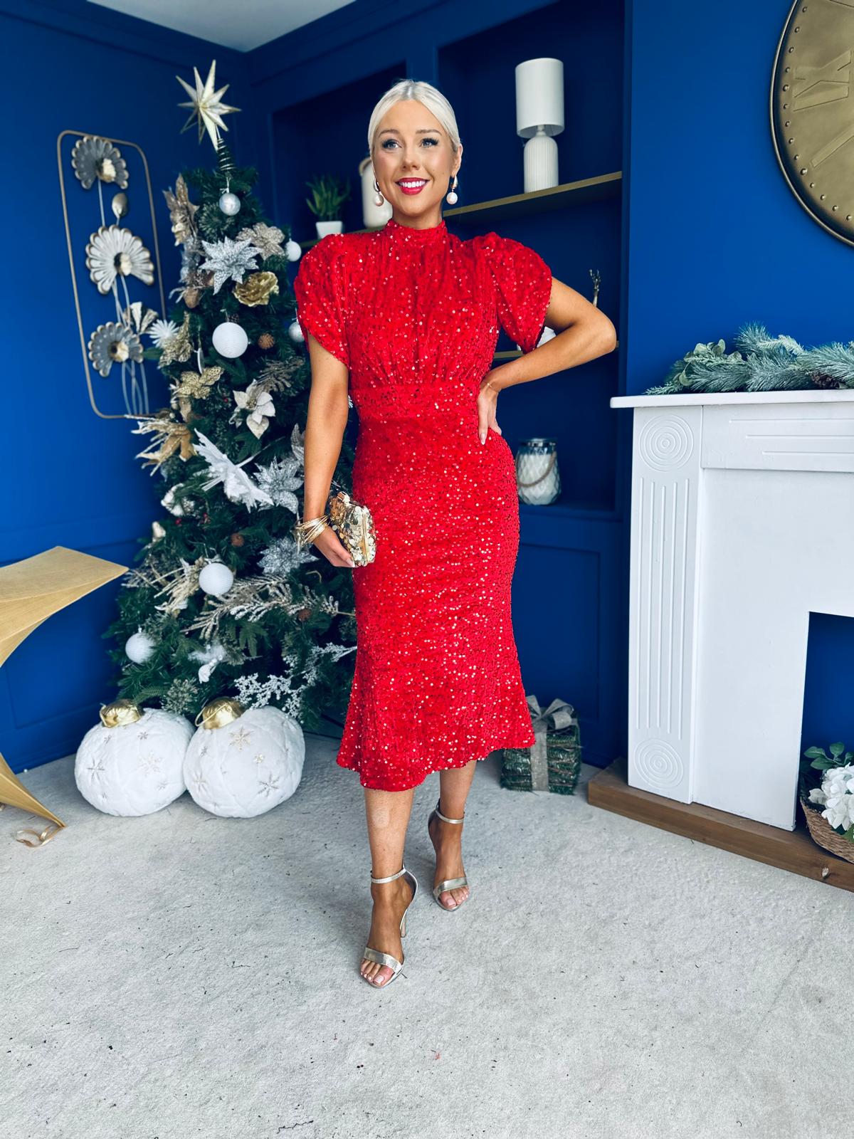 Morgan Sequin Occasion Midi Dress Red