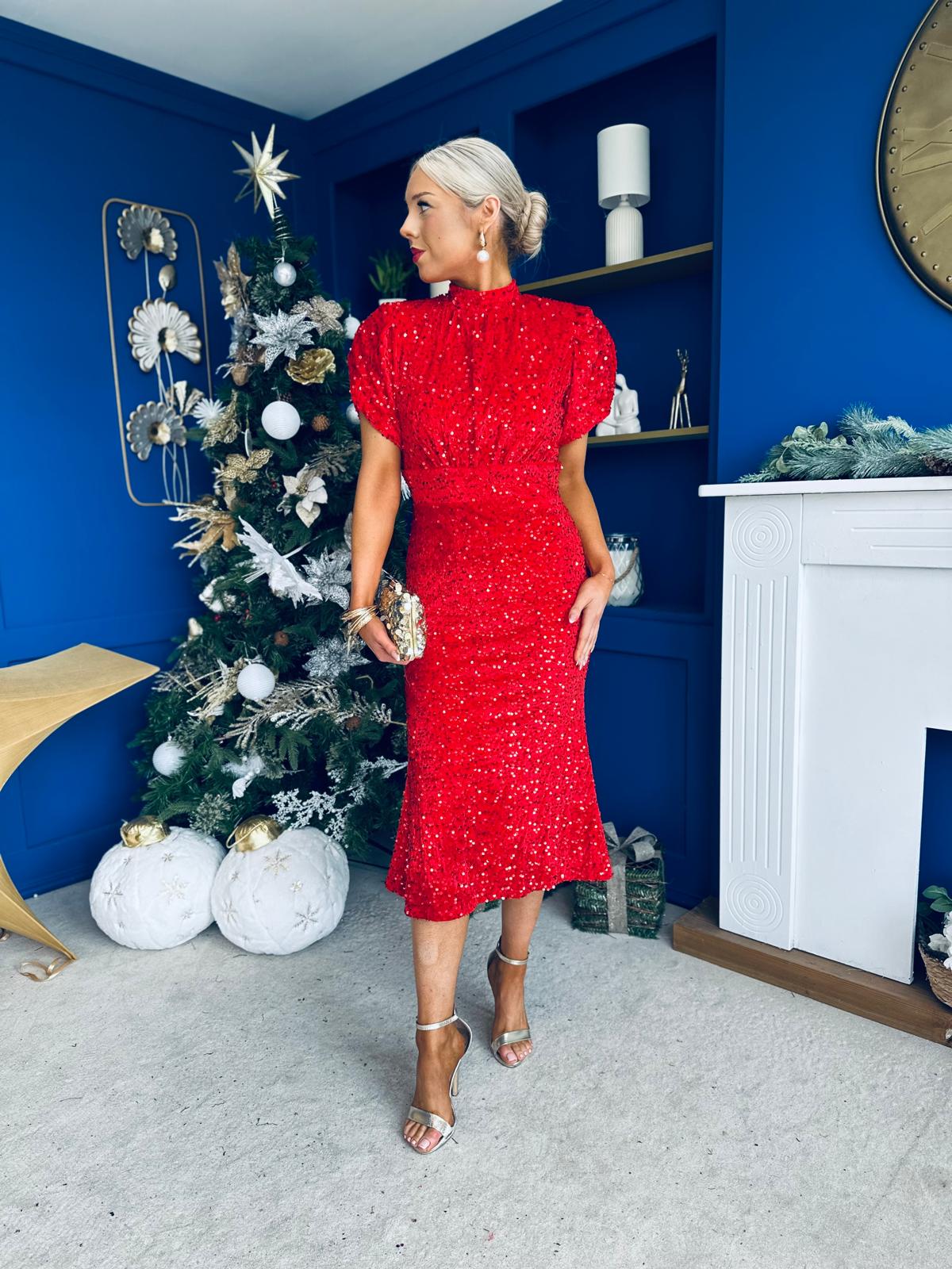 Morgan Sequin Occasion Midi Dress Red