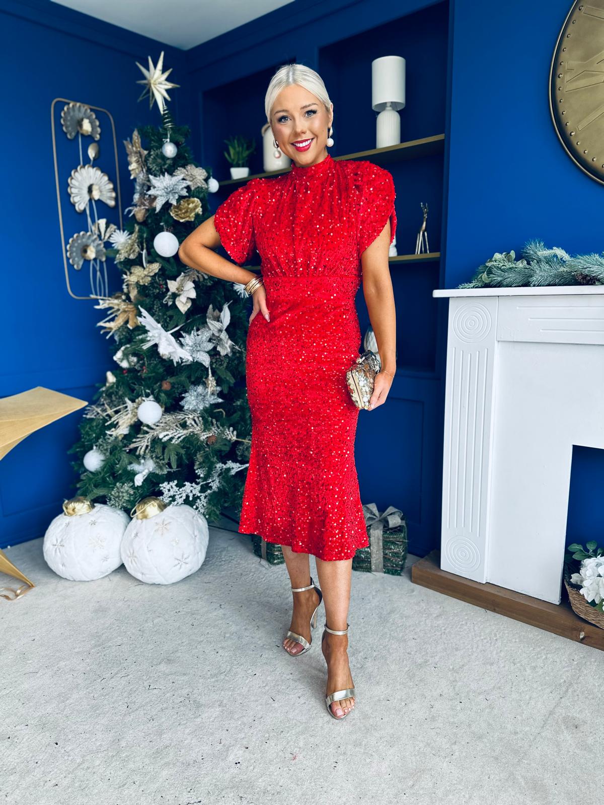 Morgan Sequin Occasion Midi Dress Red