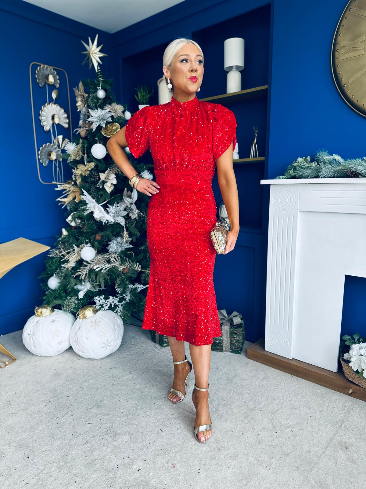 Morgan Sequin Occasion Midi Dress Red