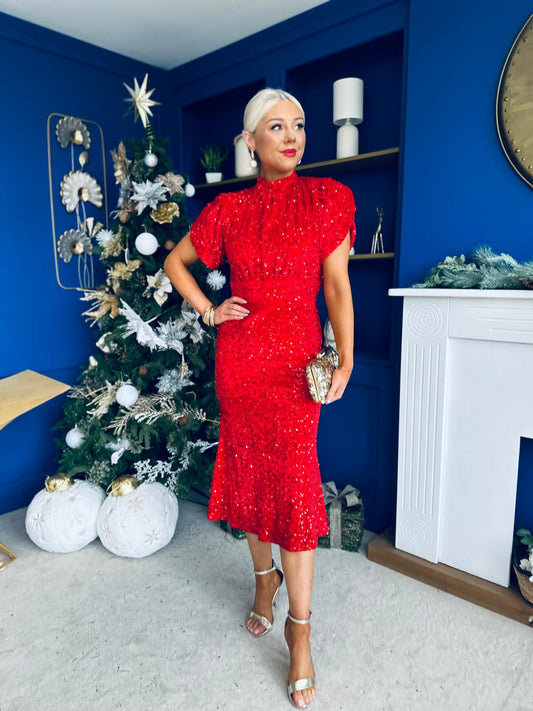 Morgan Sequin Occasion Midi Dress Red