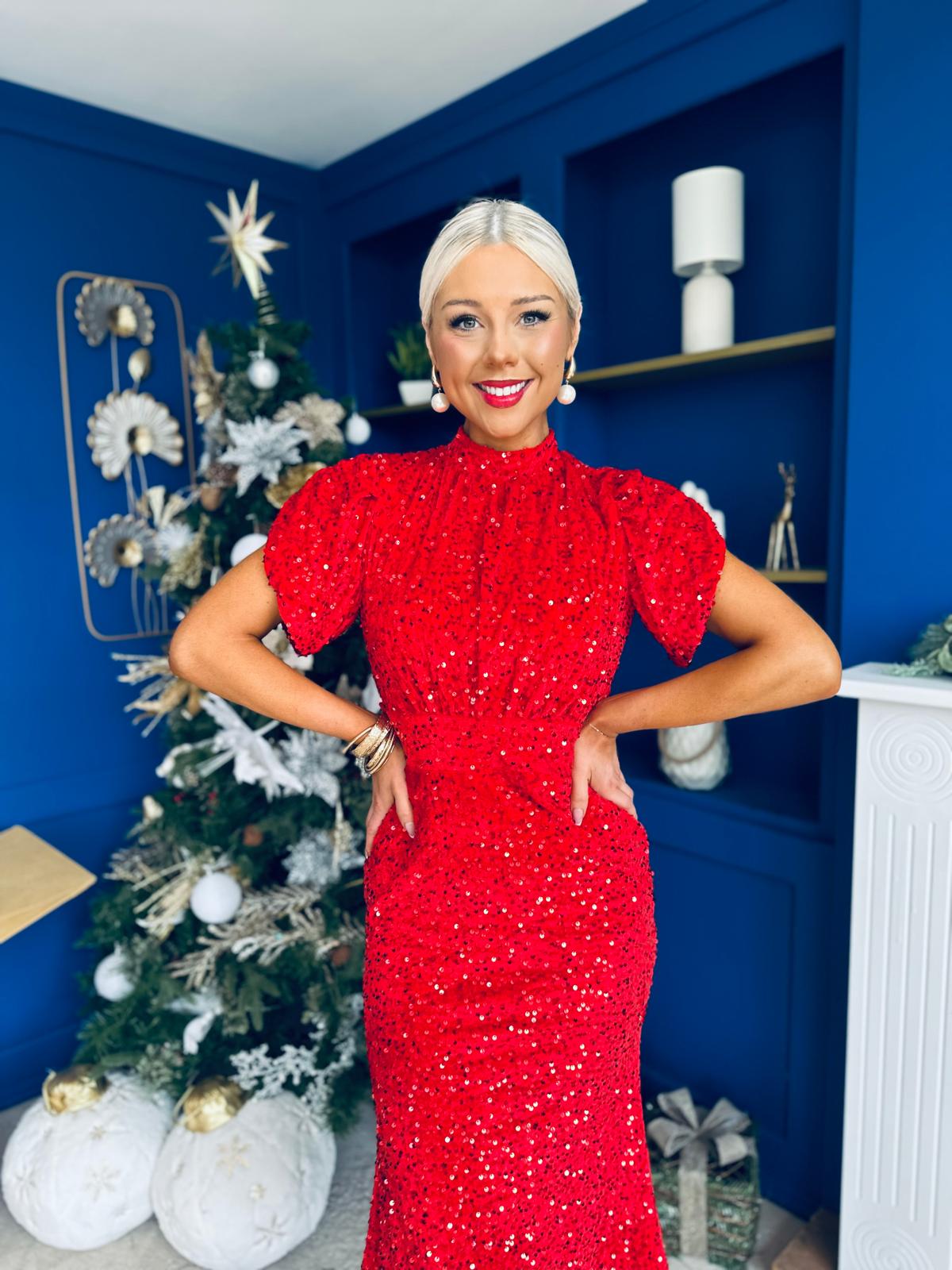 Morgan Sequin Occasion Midi Dress Red