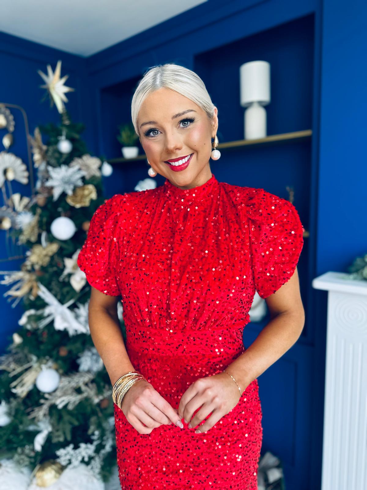 Morgan Sequin Occasion Midi Dress Red