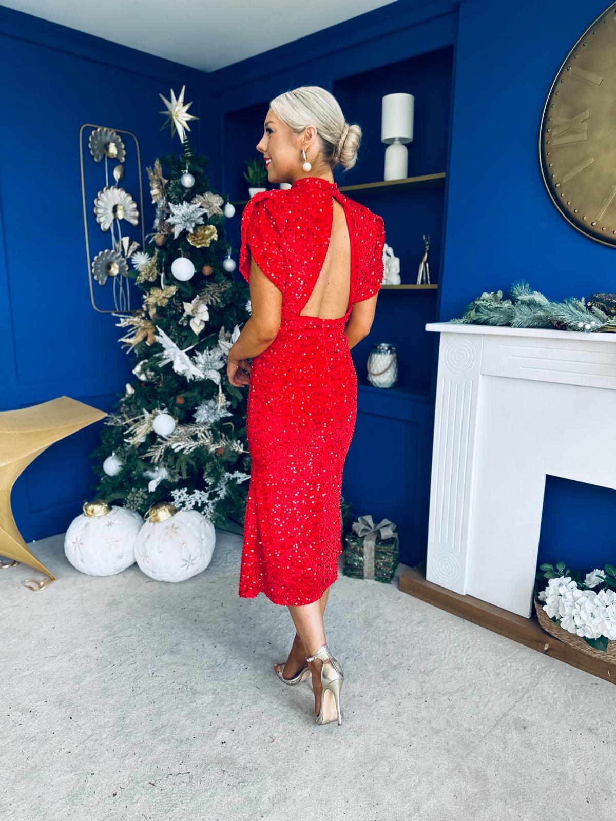 Morgan Sequin Occasion Midi Dress Red