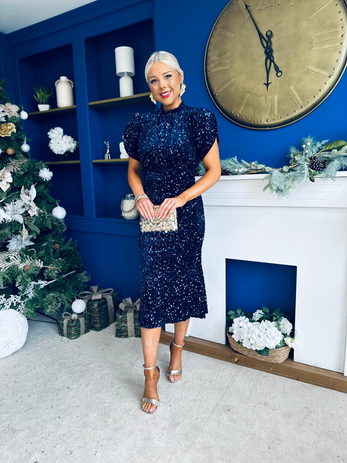 Morgan Sequin Occasion Midi Dress Navy