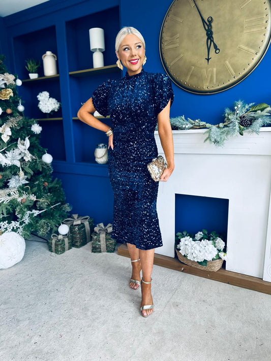 Morgan Sequin Occasion Midi Dress Navy