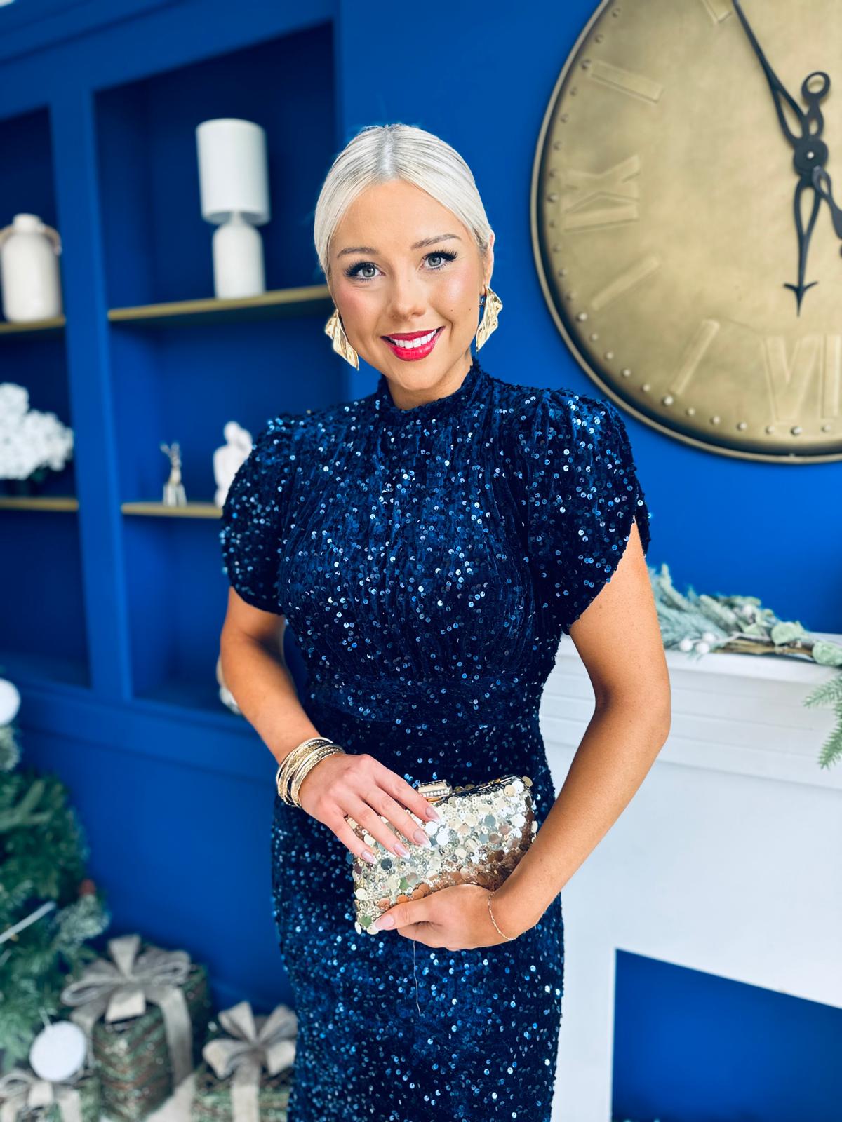 Morgan Sequin Occasion Midi Dress Navy