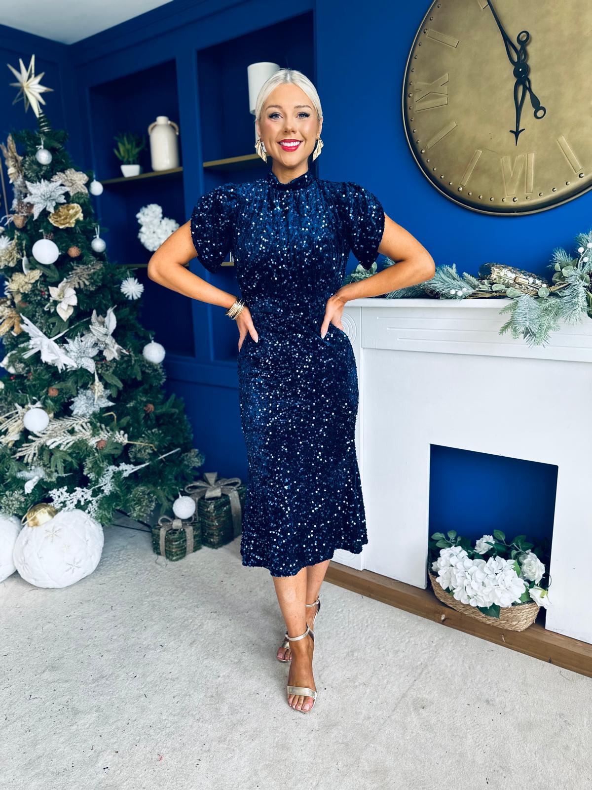 Morgan Sequin Occasion Midi Dress Navy