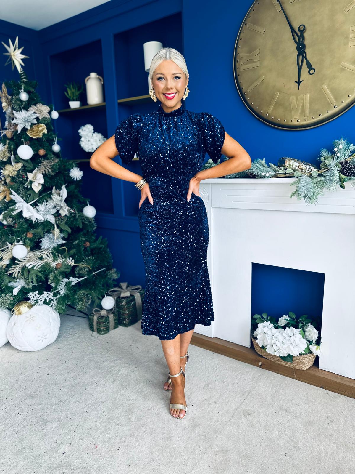 Morgan Sequin Occasion Midi Dress Navy