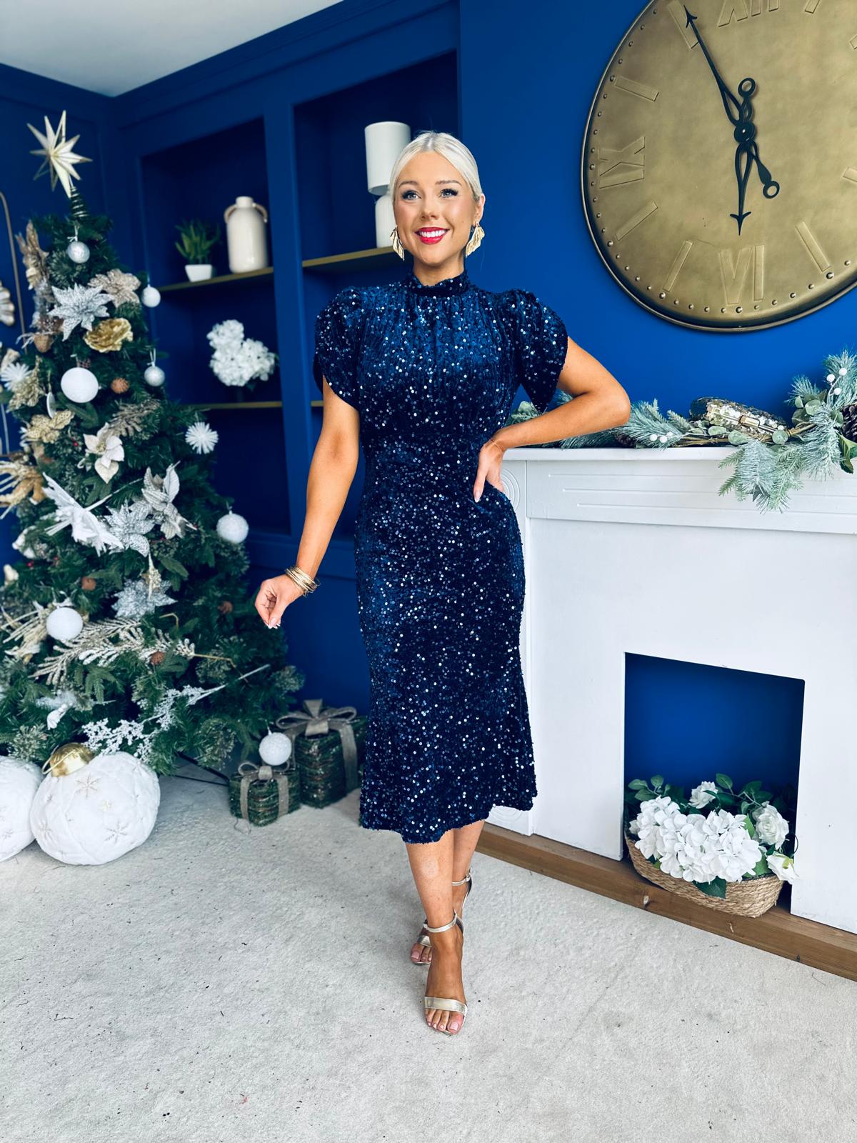 Morgan Sequin Occasion Midi Dress Navy