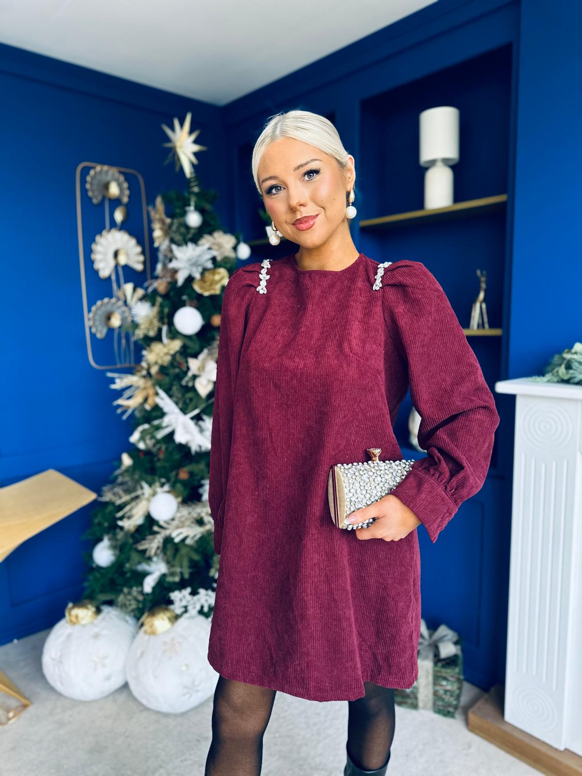 Ila Detailed Cord Mini Shift Dress Burgundy