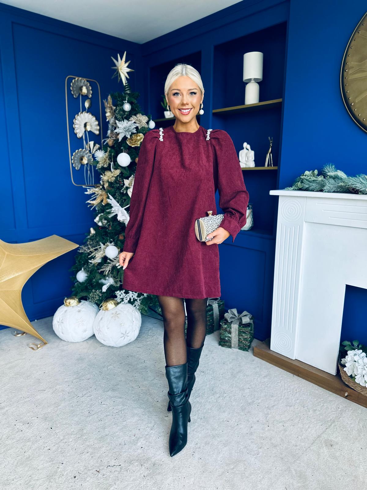 Ila Detailed Cord Mini Shift Dress Burgundy