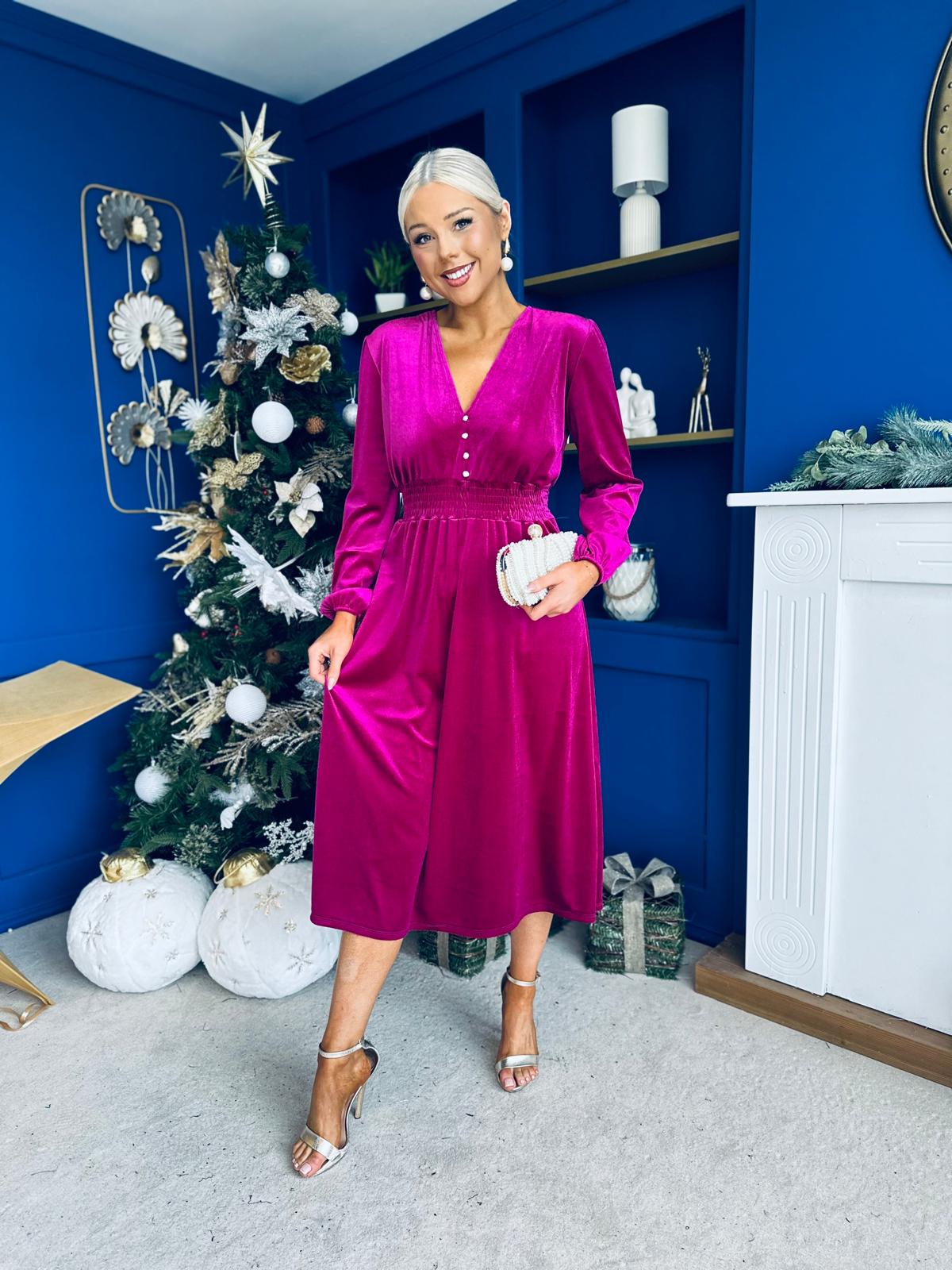 Doireann Pearl Button Velvet Midi Dress Orchid