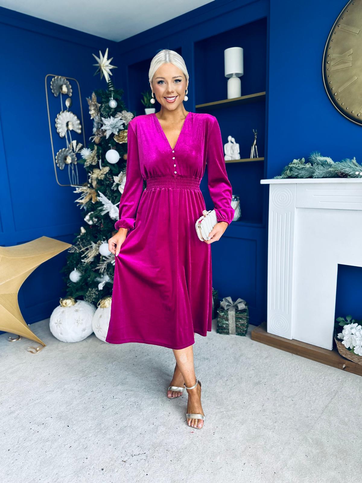 Doireann Pearl Button Velvet Midi Dress Orchid