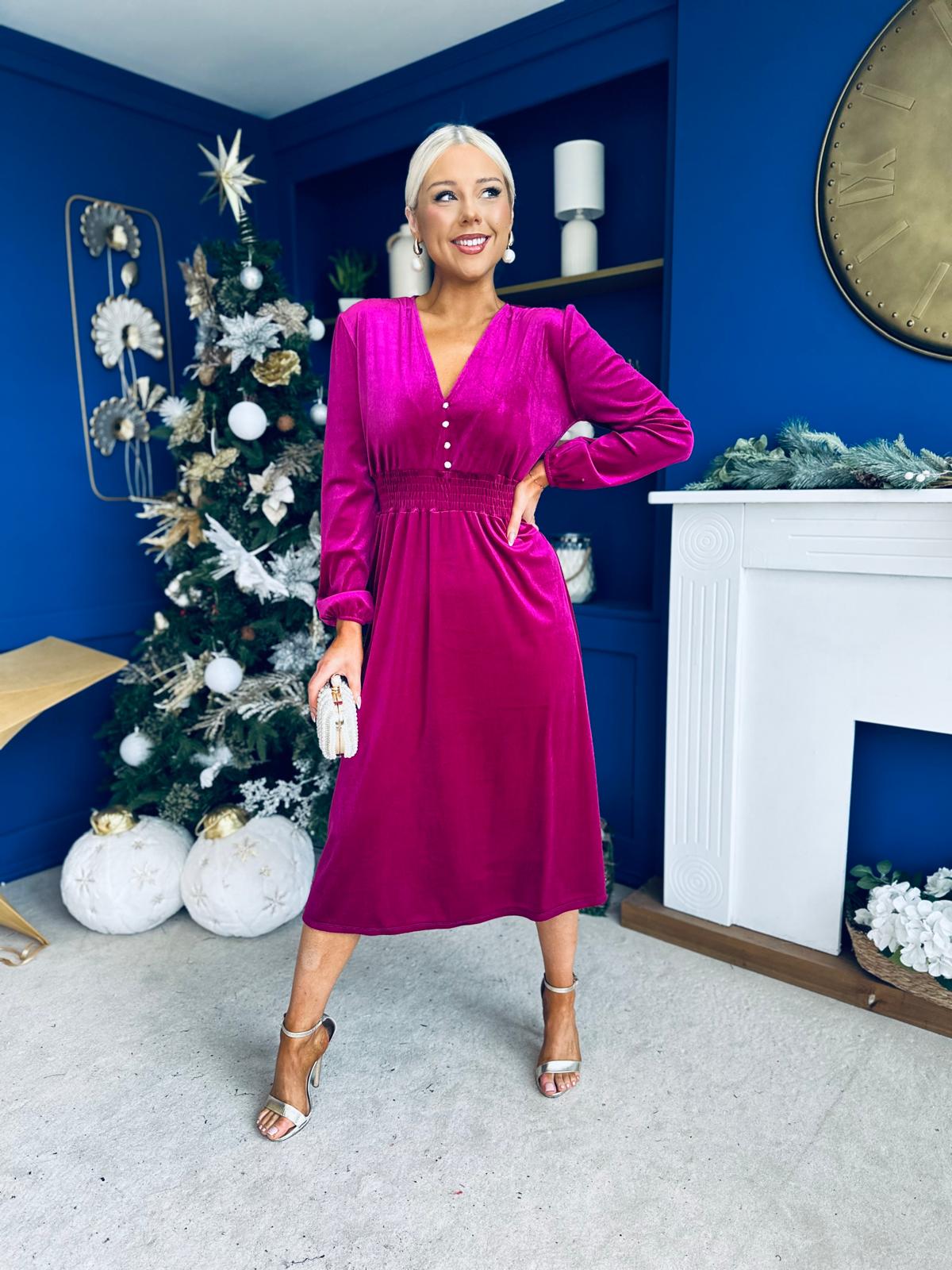 Doireann Pearl Button Velvet Midi Dress Orchid