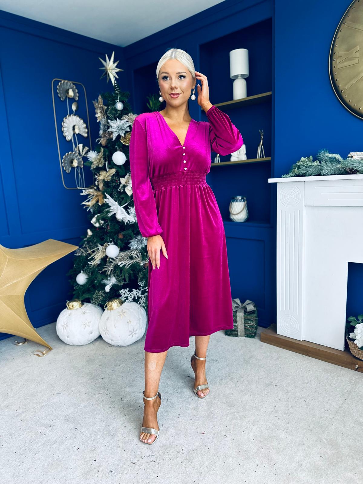 Doireann Pearl Button Velvet Midi Dress Orchid