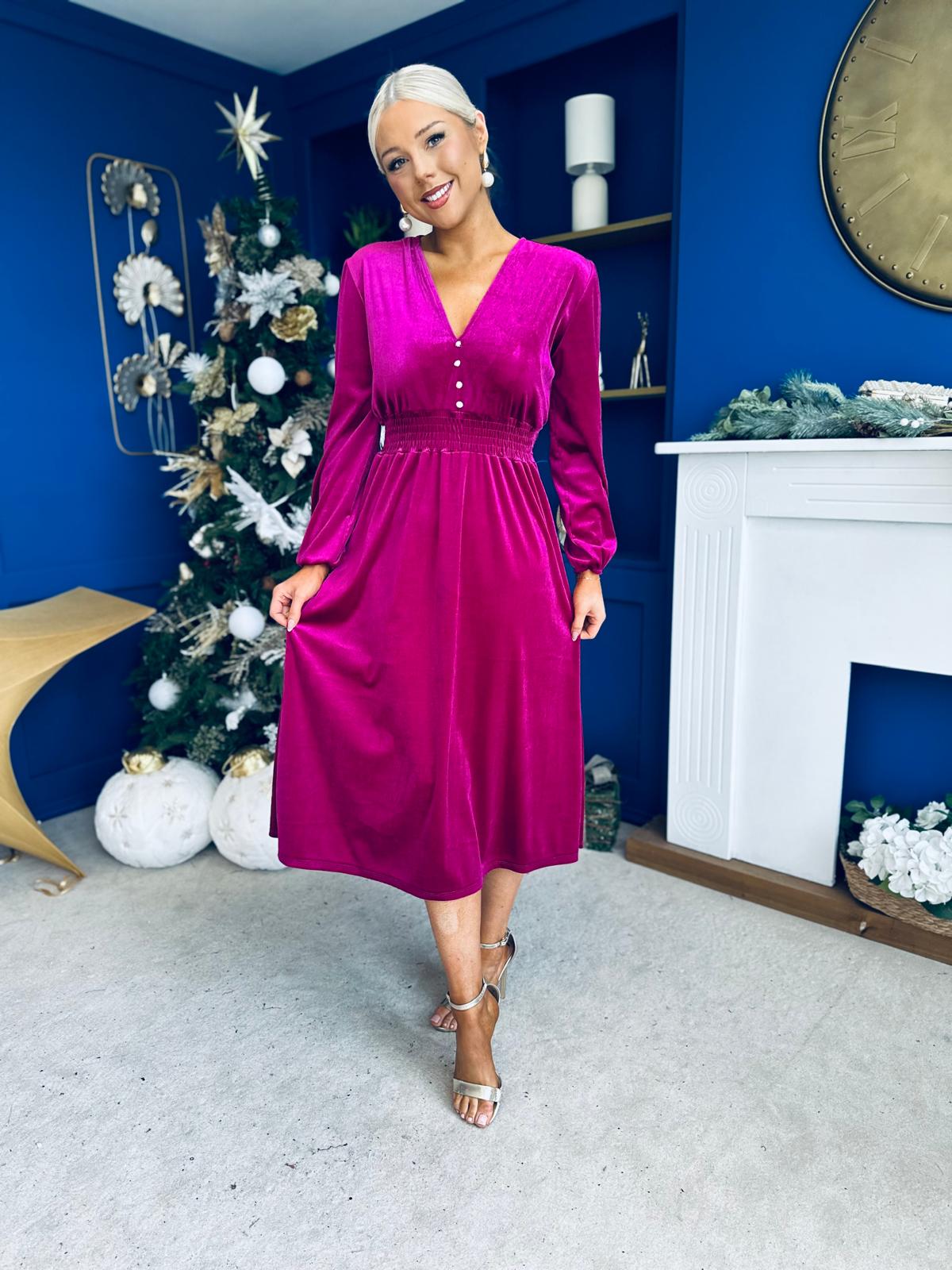 Doireann Pearl Button Velvet Midi Dress Orchid