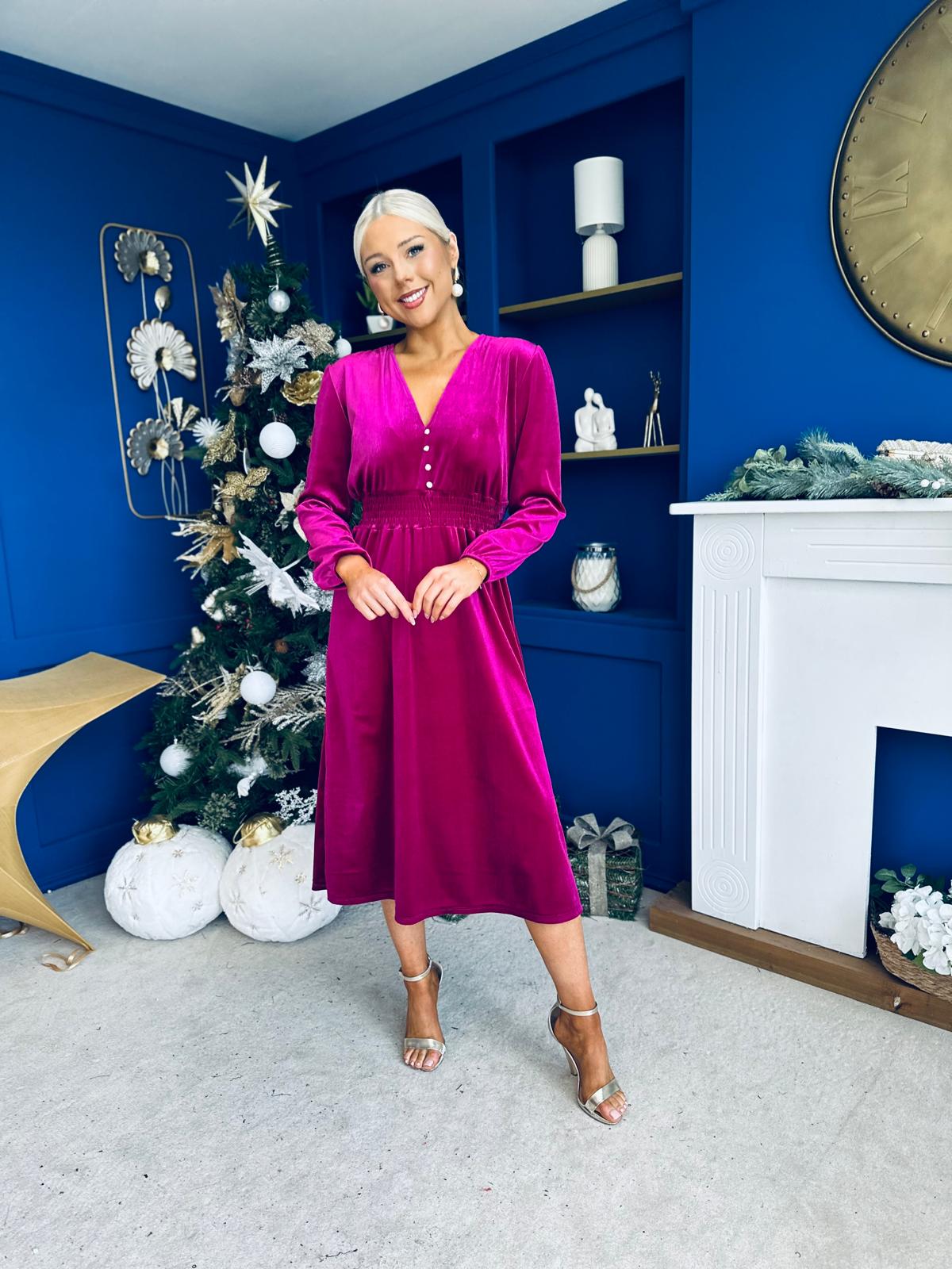 Doireann Pearl Button Velvet Midi Dress Orchid